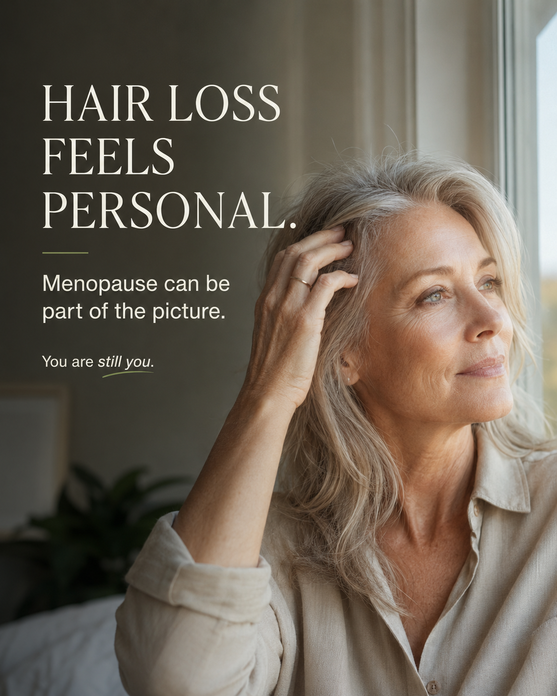 Woman in midlife gently observing changes in her hair in a mirror